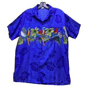 Vintage Hawaiian Shirt Mens Medium Blue‎ AOP Parrot Wrap Around Costal Beachy